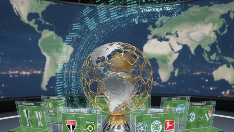 Bola de futebol no gramado verde de um estádio moderno, com placar eletrônico ao fundo exibindo resultados de campeonatos de futebol.