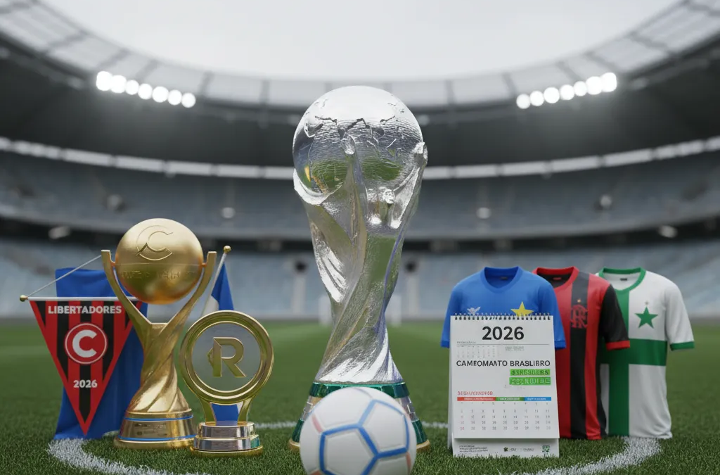 Estádio de futebol lotado à noite, com jogador chutando a bola sob holofotes. O placar exibe '2026', remetendo aos campeonatos de futebol ativo.