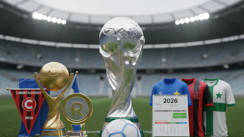 Estádio de futebol lotado à noite, com jogador chutando a bola sob holofotes. O placar exibe '2026', remetendo aos campeonatos de futebol ativo.