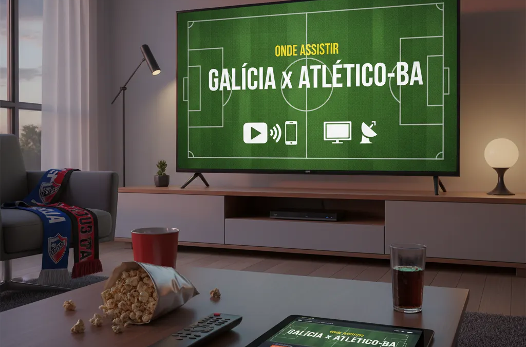 Jogador do Galícia em camisa azul e branca chuta a bola em campo verde, com adversário do Atlético-BA por perto, em um lance de jogo.