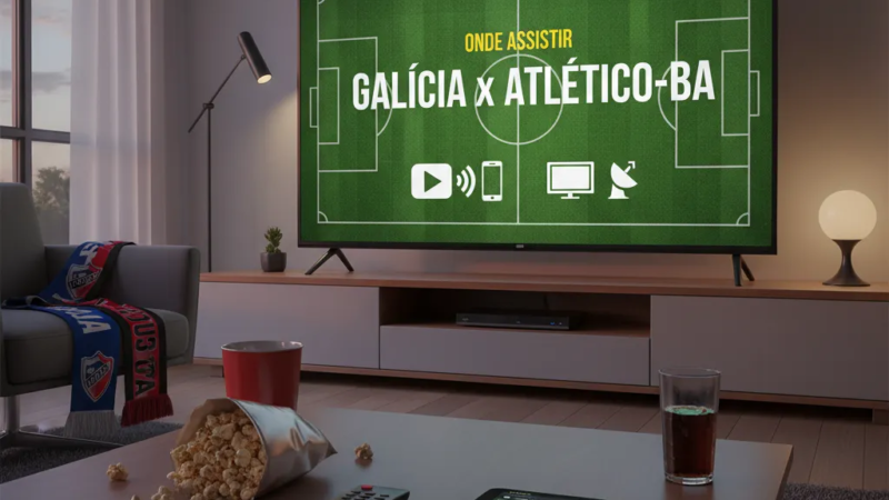 Jogador do Galícia em camisa azul e branca chuta a bola em campo verde, com adversário do Atlético-BA por perto, em um lance de jogo.