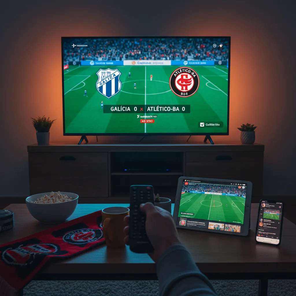 Bola de futebol no gramado verde, aguardando o início da partida Galícia x Atlético-BA para os torcedores assistirem.