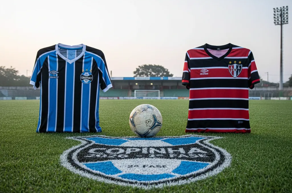 Atleta do Grêmio em disputa intensa pela bola no gramado. Cenário para o decisivo Grêmio x Atlético-BA na Copinha 2026.