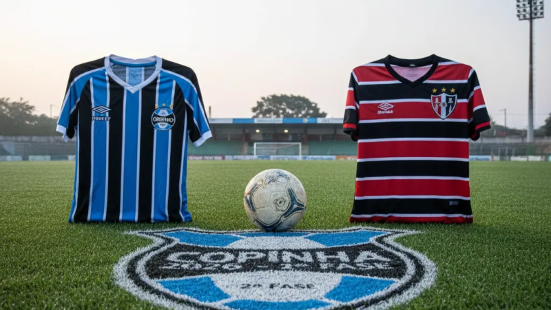 Atleta do Grêmio em disputa intensa pela bola no gramado. Cenário para o decisivo Grêmio x Atlético-BA na Copinha 2026.