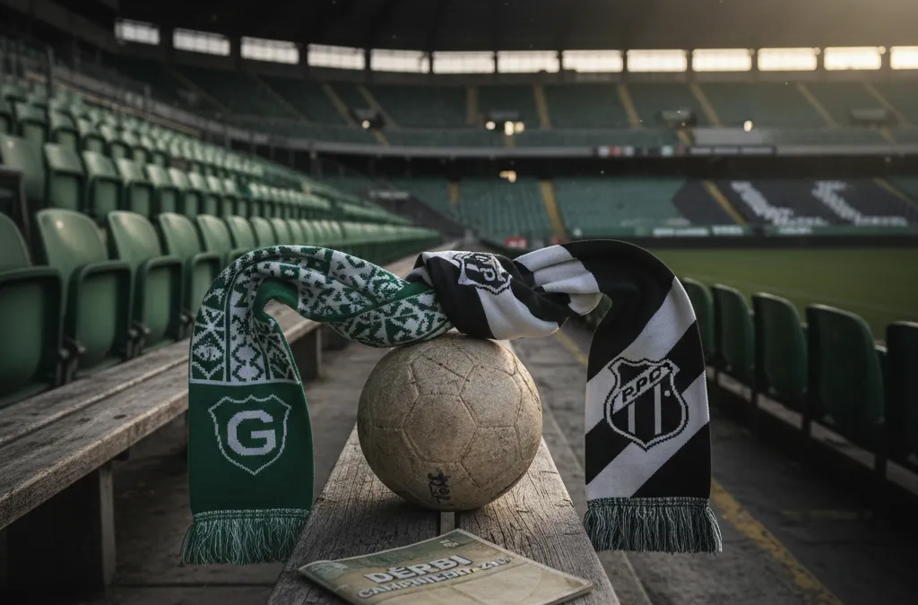 Jogadores do Guarani (verde) e Ponte Preta (preto e branco) em ação no campo, disputando a bola no Dérbi Campineiro.