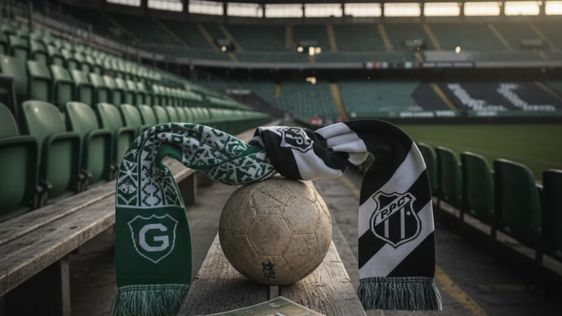 Jogadores do Guarani (verde) e Ponte Preta (preto e branco) em ação no campo, disputando a bola no Dérbi Campineiro.