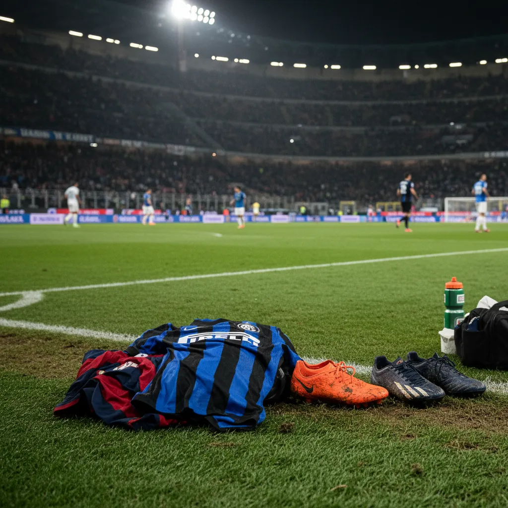 Jogadores da Inter e Bologna em ação no campo, disputando a bola durante o jogo da Serie A no Stadio Giuseppe Meazza.