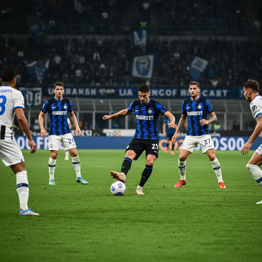 Hakan Çalhanoğlu, meio-campista da Inter Milan, em campo com a camisa nerazzurra, controlando a bola e orquestrando o jogo.