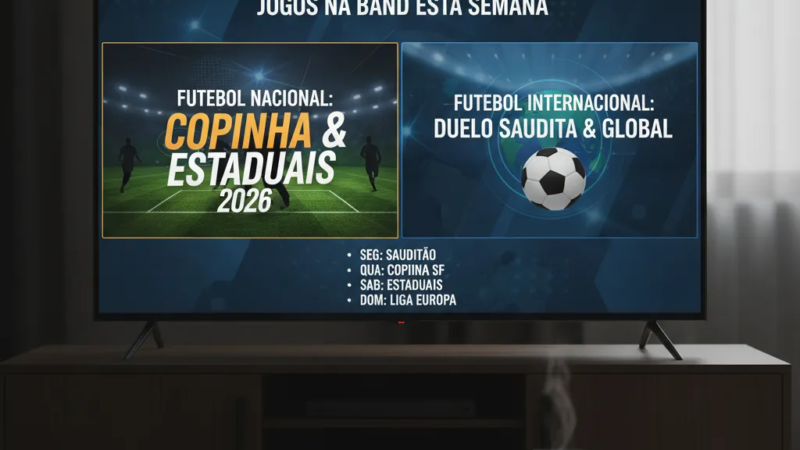 Tela de TV exibe um jogo de futebol ao vivo com o logo da Band, mostrando um dos muitos jogos na Band.