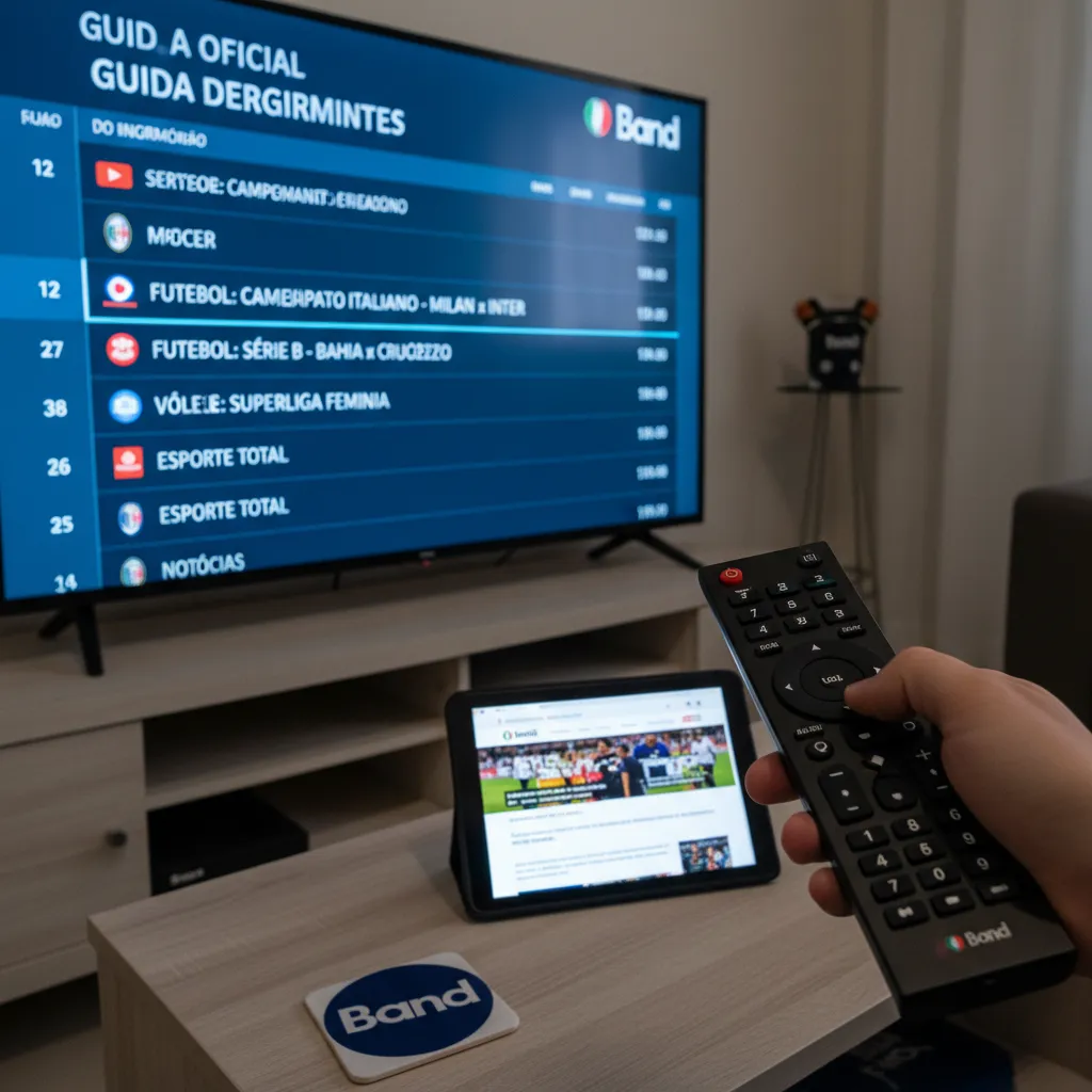 Tela de TV transmitindo um jogo de futebol ao vivo com o logo da Band, destacando a programação esportiva da semana.