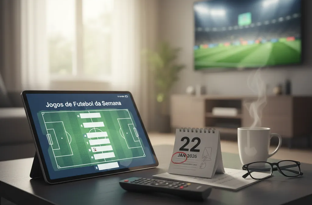 Jogador de futebol com camisa azul chuta a bola em campo verde, com torcida ao fundo, durante um dos jogos de futebol.