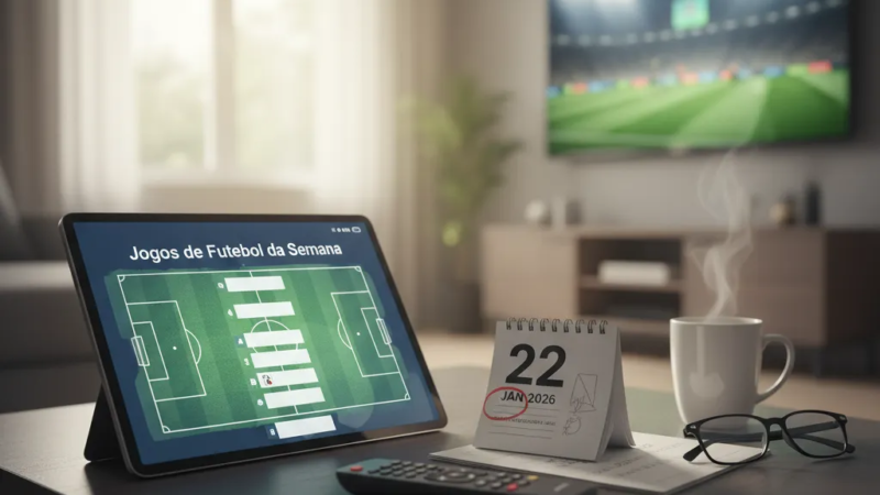 Jogador de futebol com camisa azul chuta a bola em campo verde, com torcida ao fundo, durante um dos jogos de futebol.