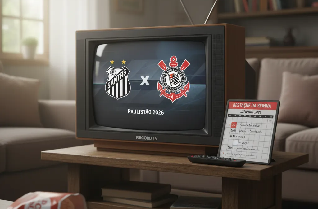 Jogadores em campo disputam a bola em partida de futebol vibrante, simbolizando os jogos de futebol na Record TV.