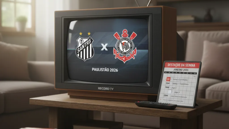 Jogadores em campo disputam a bola em partida de futebol vibrante, simbolizando os jogos de futebol na Record TV.