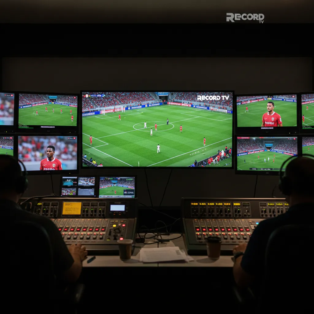 Tela de TV exibindo um jogo de futebol ao vivo, com o logo da Record TV no canto, destacando a transmissão de campeonatos estaduais.