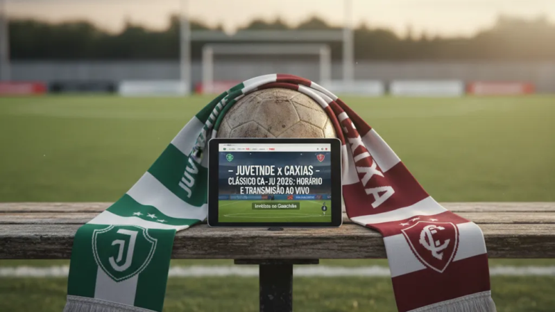 Jogadores de Juventude e Caxias em disputa acirrada pela bola no gramado, durante o clássico Ca-Ju.