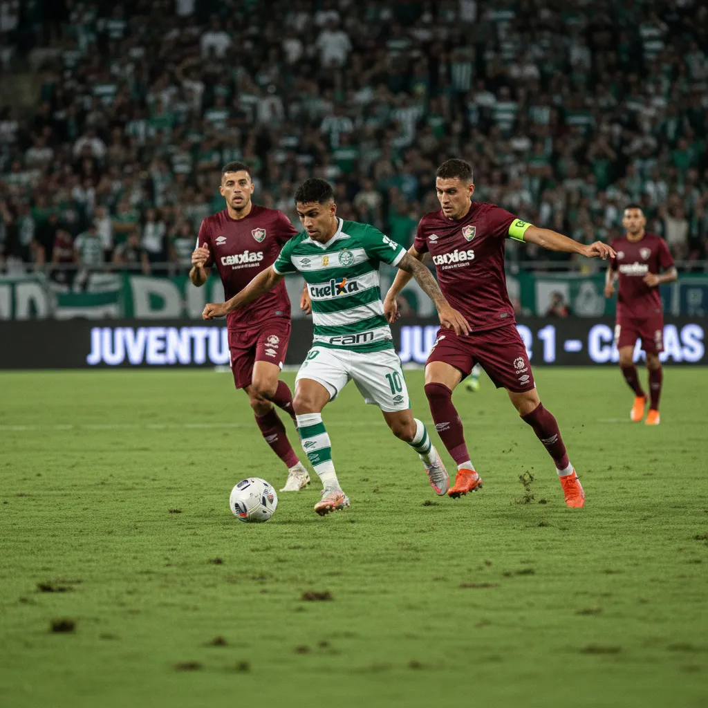 Jogador do Juventude em ação durante partida de futebol. O time de Celso Roth joga ofensivamente no Gauchão.