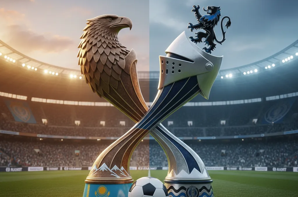 Emblemas do Kairat e Club Brugge lado a lado com bola de futebol, destacando o confronto inédito.