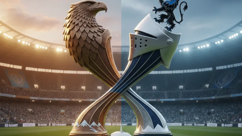 Emblemas do Kairat e Club Brugge lado a lado com bola de futebol, destacando o confronto inédito.