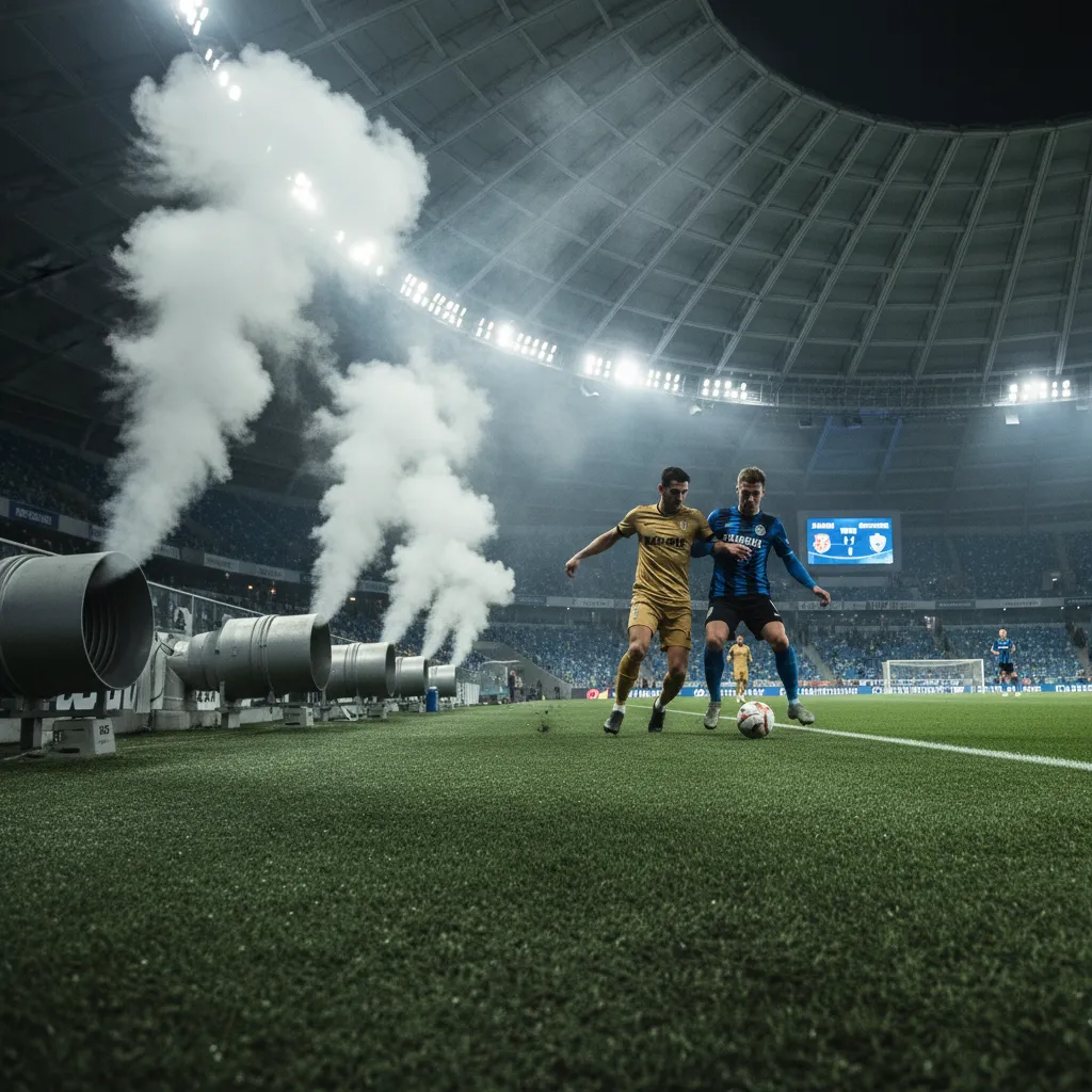 Jogadores do Club Brugge em campo, disputando uma partida de futebol. Cena de jogo que ilustra o desafio do time belga contra o Kairat.
