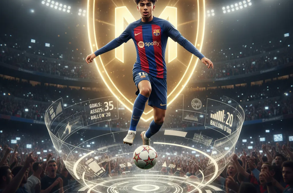 Lamine Yamal driblando a bola com a camisa do Barcelona em um jogo no estádio.