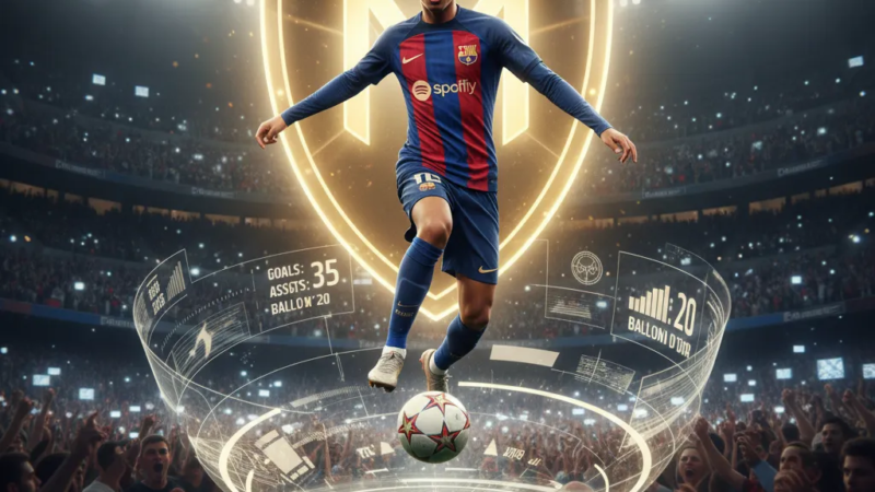 Lamine Yamal driblando a bola com a camisa do Barcelona em um jogo no estádio.