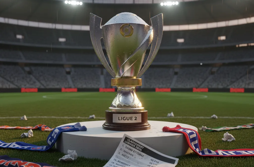 Jogador de futebol em campo durante uma partida da Ligue 2, correndo com a bola no gramado verde de um estádio.