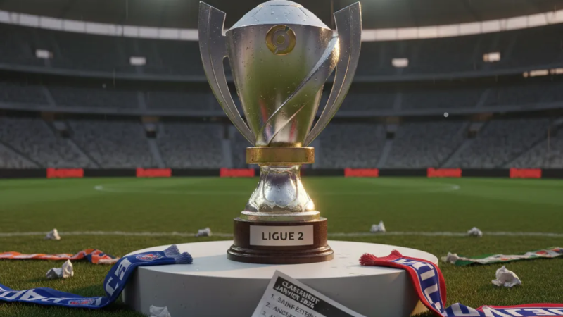 Jogador de futebol em campo durante uma partida da Ligue 2, correndo com a bola no gramado verde de um estádio.