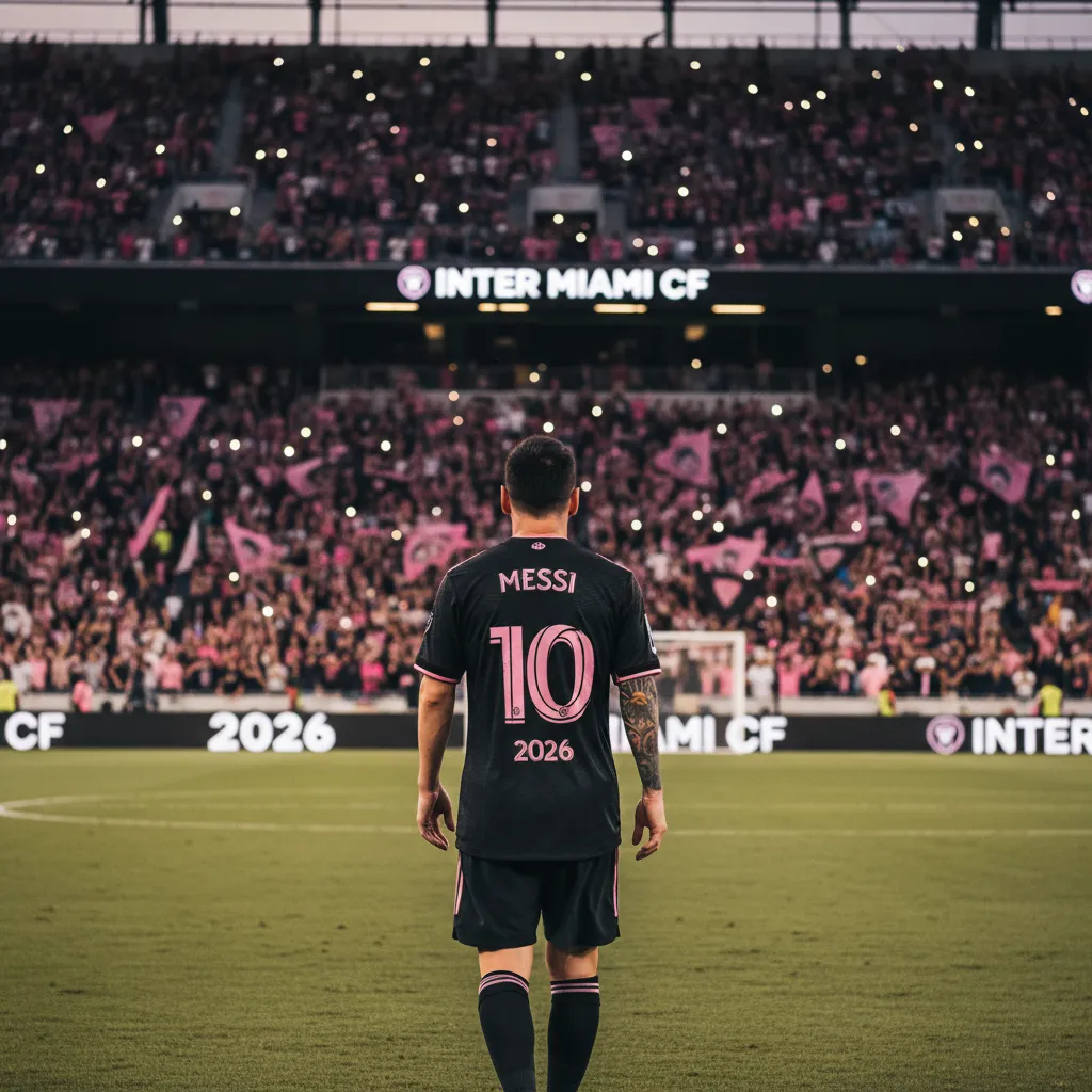 Lionel Messi, estrela do Inter Miami CF, em campo com sua camisa 10 rosa e preta, durante partida da MLS.