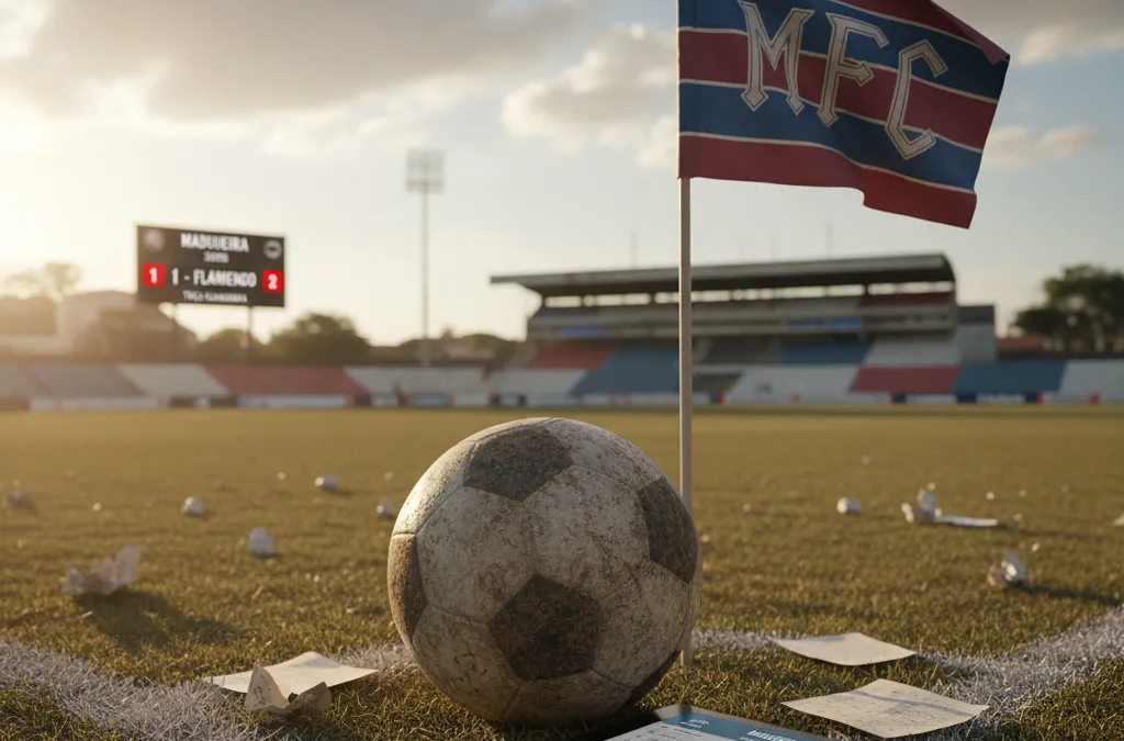 Jogador do Madureira FC com a camisa tricolor em campo, correndo com a bola durante uma partida de futebol.