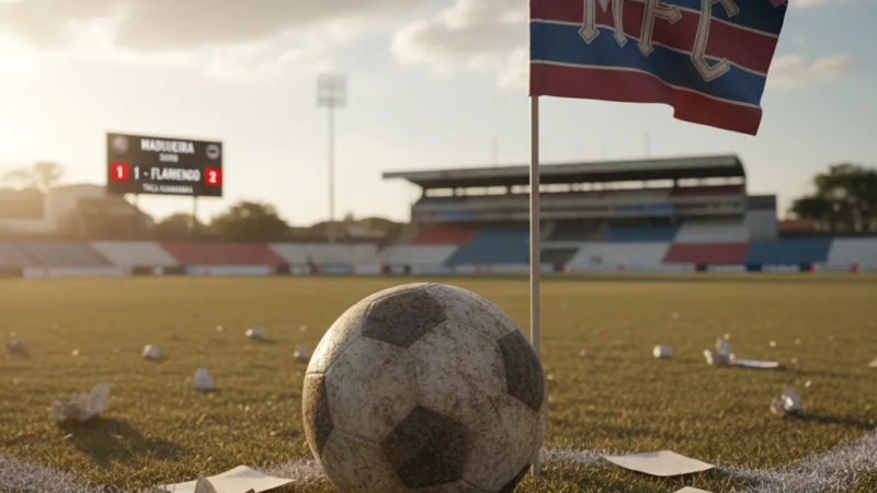 Jogador do Madureira FC com a camisa tricolor em campo, correndo com a bola durante uma partida de futebol.