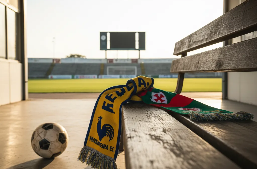 Jogador do Madureira em ação no campo, representando o confronto Madureira x Portuguesa-RJ pela Taça Guanabara.