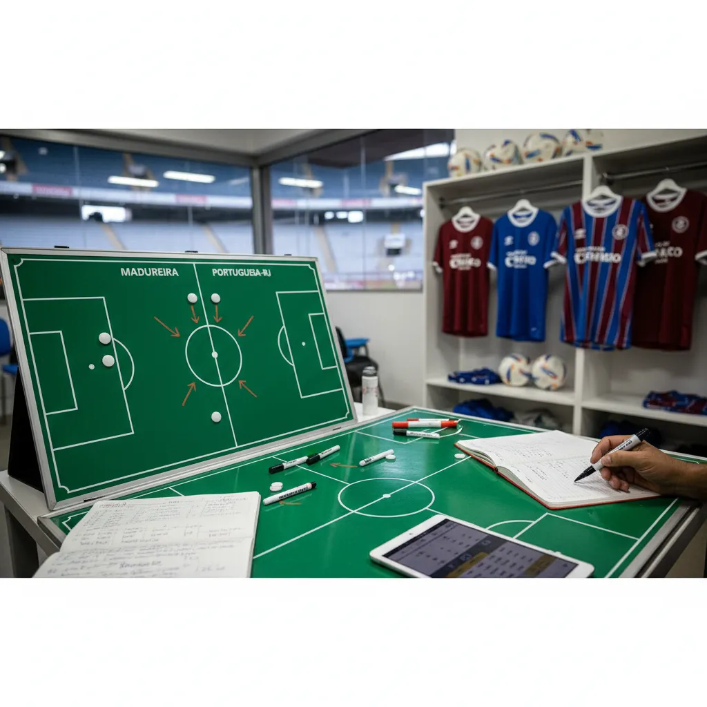 Jogadores do Madureira e da Portuguesa-RJ em disputa acirrada pela bola no campo de futebol durante a partida.