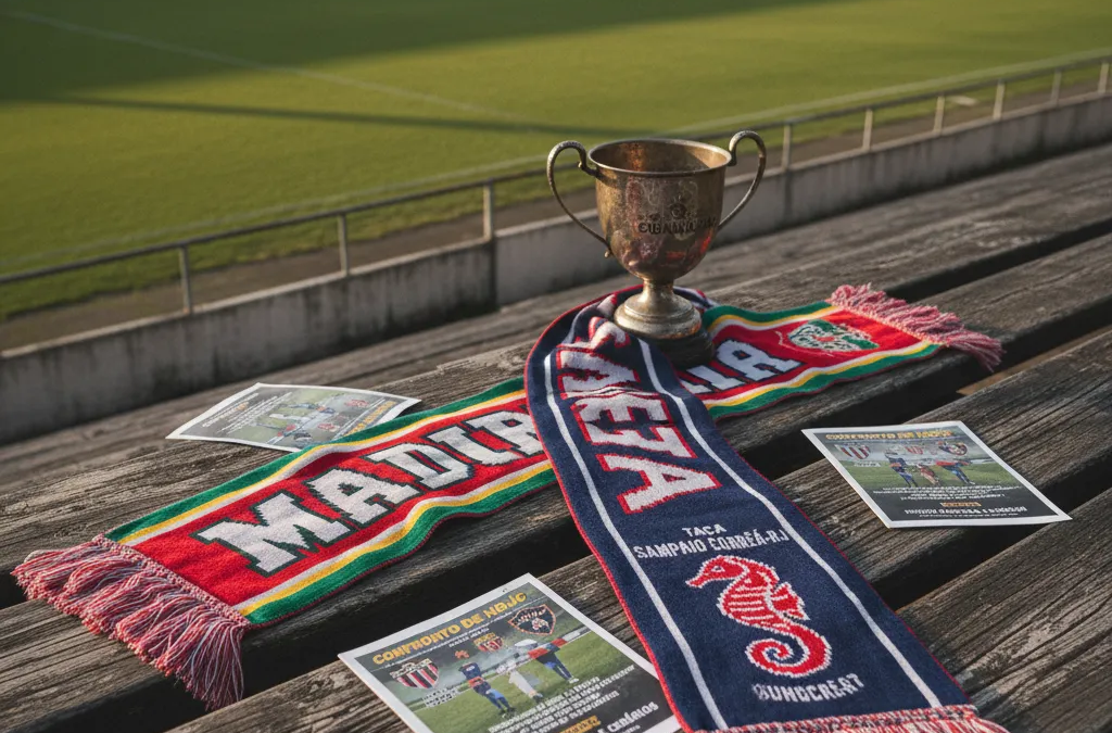 Jogadores de Madureira e Sampaio Corrêa-RJ disputam a bola intensamente no gramado, com torcida ao fundo.