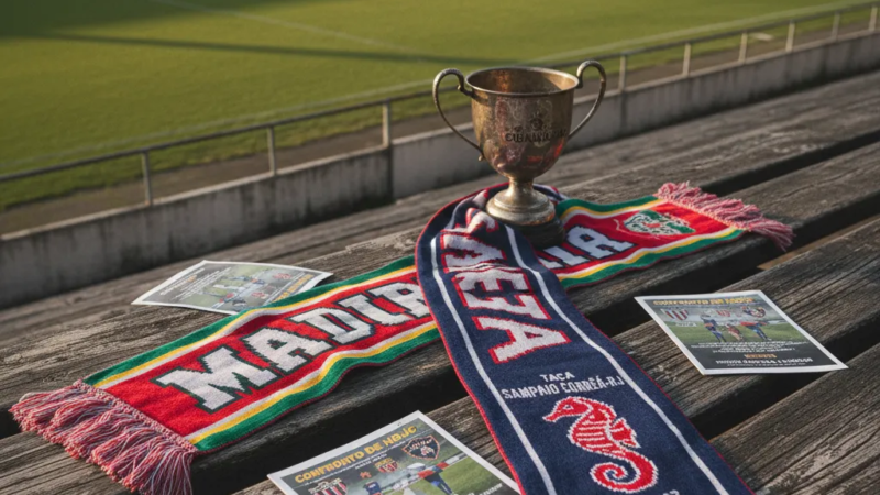 Jogadores de Madureira e Sampaio Corrêa-RJ disputam a bola intensamente no gramado, com torcida ao fundo.