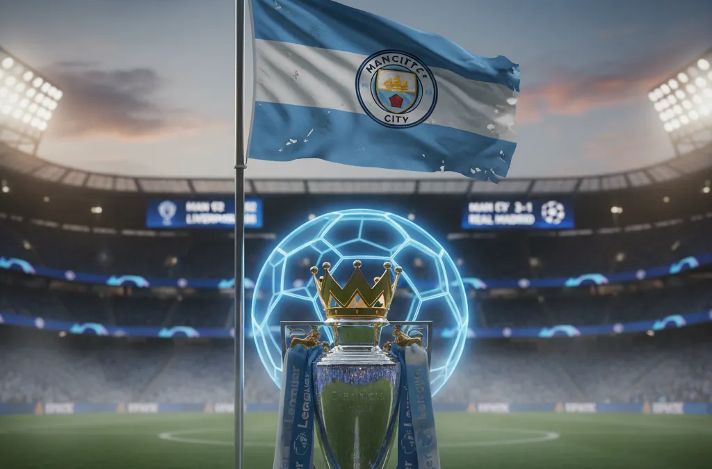 Pep Guardiola, técnico do Manchester City, observa o campo com seriedade, vestindo agasalho do clube.