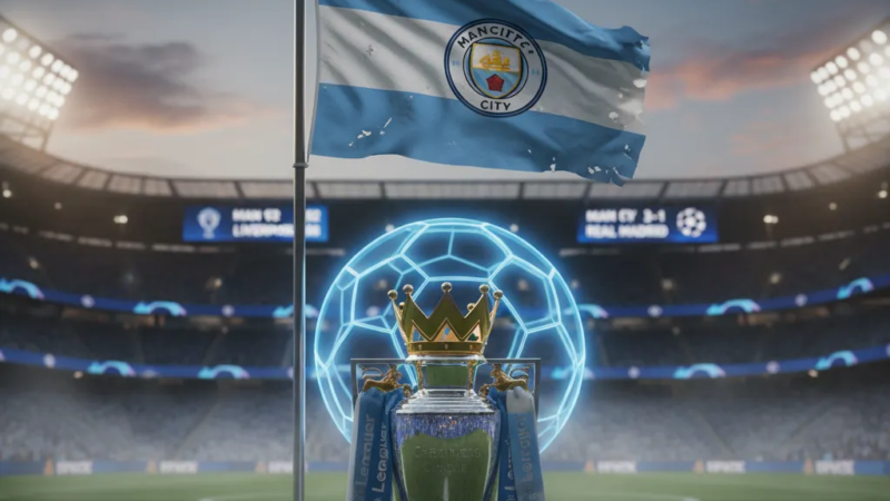 Pep Guardiola, técnico do Manchester City, observa o campo com seriedade, vestindo agasalho do clube.