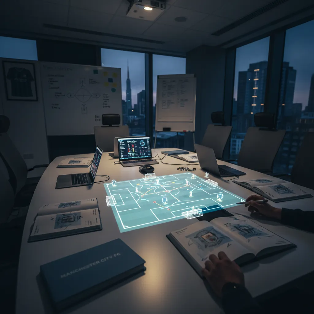 Jogadores do Manchester City em campo, com o uniforme azul, durante uma partida da Premier League.