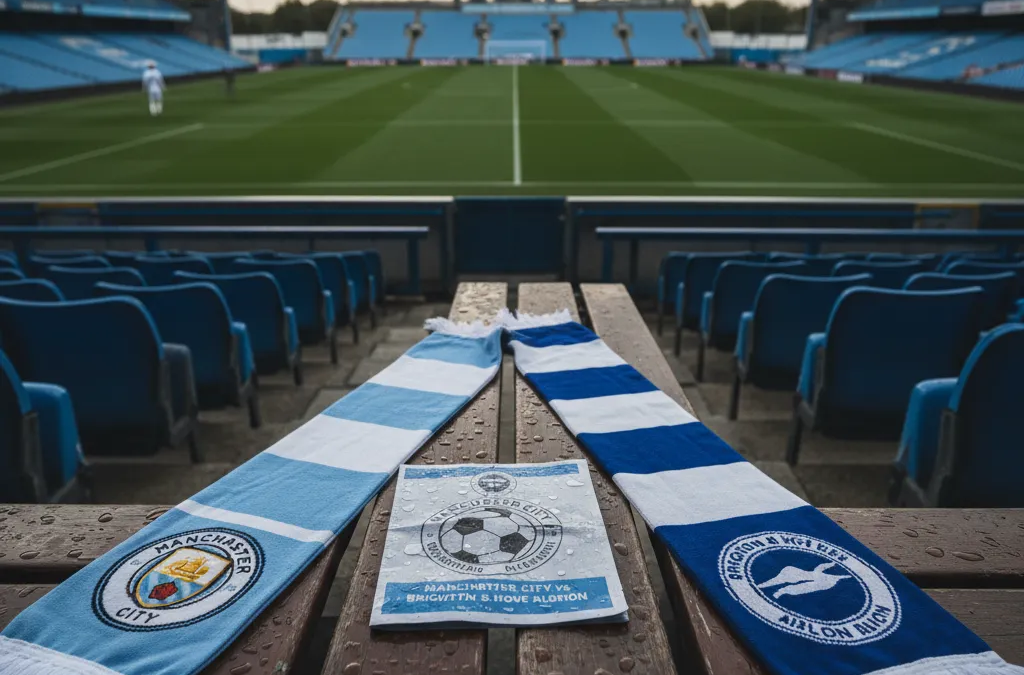 Jogadores do Manchester City e Brighton em ação, disputando a bola no gramado durante partida de futebol.