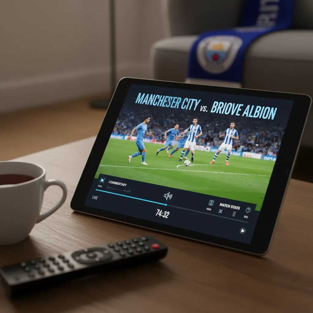Jogadores de Manchester City e Brighton em ação no campo de futebol, disputando a bola durante a partida.