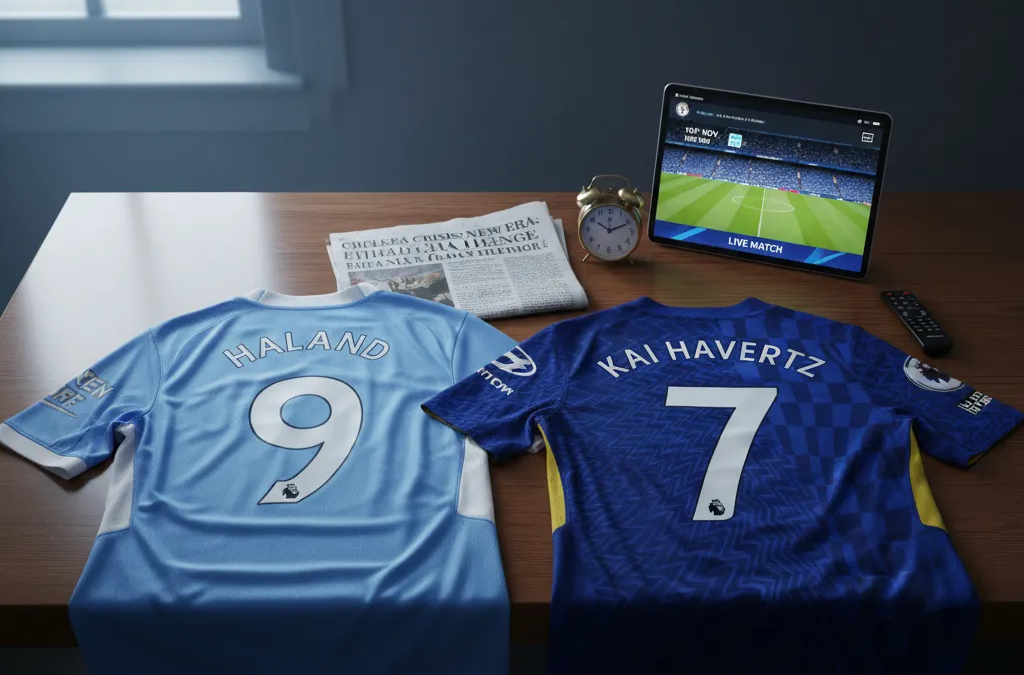 Jogadores do Manchester City e Chelsea em campo, um de azul claro e outro de azul escuro, disputando a posse de bola.