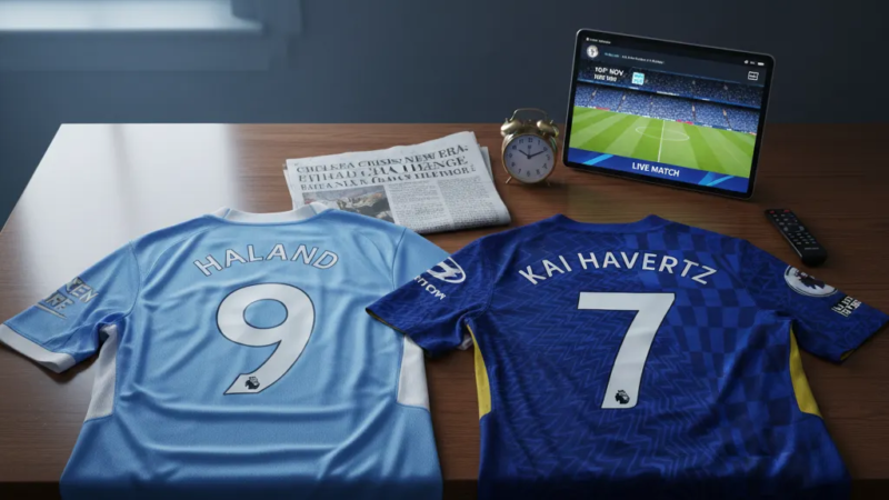 Jogadores do Manchester City e Chelsea em campo, um de azul claro e outro de azul escuro, disputando a posse de bola.