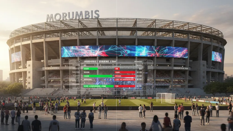 Vista aérea do Estádio Morumbi, mostrando sua arquitetura imponente e o campo de futebol verde.
