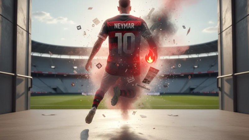 Neymar em campo, com a camisa da seleção brasileira, enquanto rumores de Neymar no Flamengo ganham força.