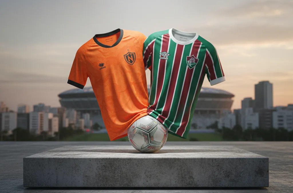 Jogadores de Nova Iguaçu e Fluminense em disputa acirrada pela bola no gramado, durante o jogo do Carioca.