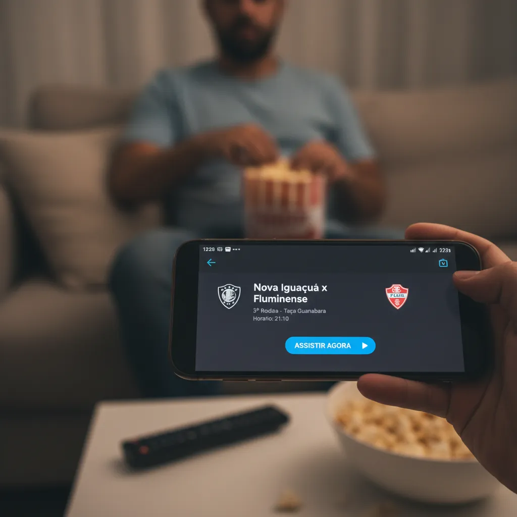 Jogadores de Nova Iguaçu e Fluminense disputam a bola em campo durante partida de futebol da Taça Guanabara.