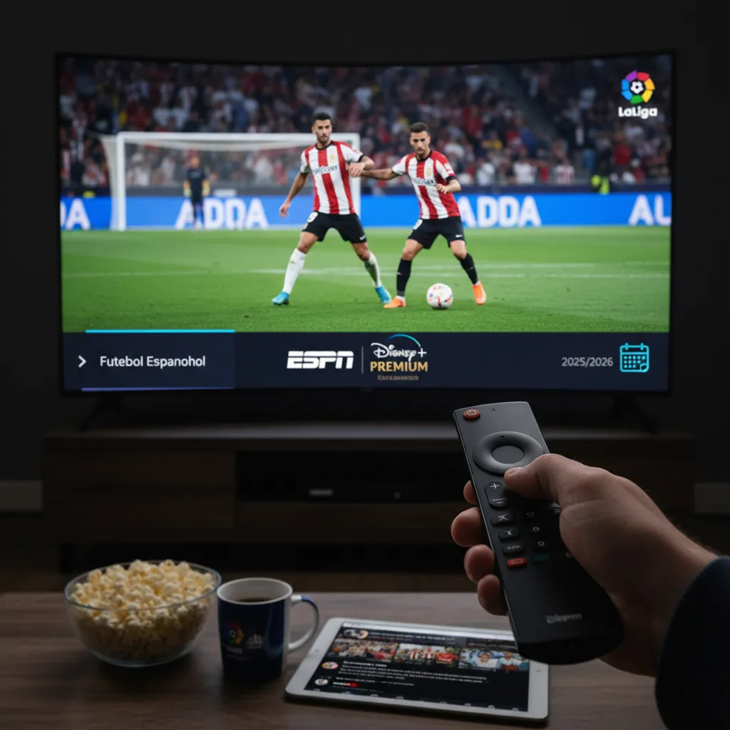 Logotipos da La Liga, ESPN e Disney+ Premium, destacando a transmissão exclusiva do futebol espanhol no Brasil.