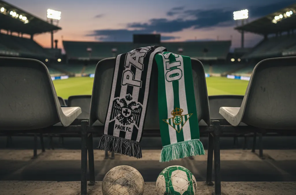 Jogadores do PAOK e Betis disputam bola em campo de futebol. Europa League 2025/26.