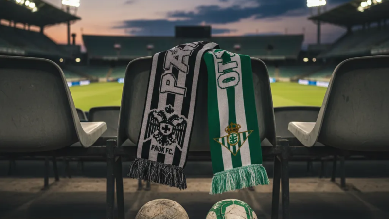 Jogadores do PAOK e Betis disputam bola em campo de futebol. Europa League 2025/26.