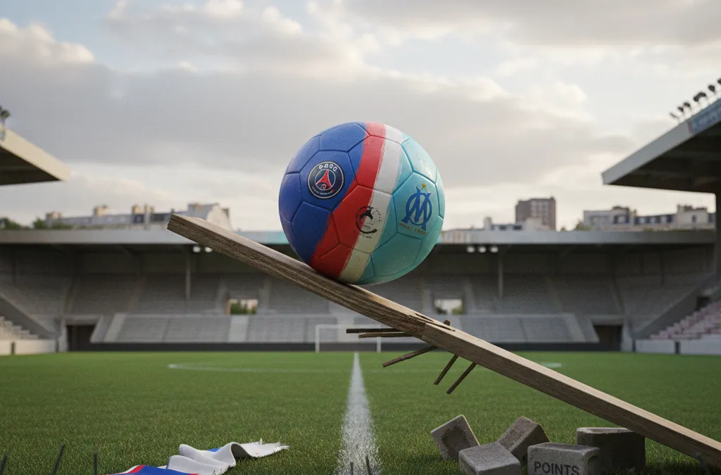 Jogadores do Paris FC e Olympique de Marseille disputam a bola no meio-campo durante o empate 2x2 da Ligue 1.